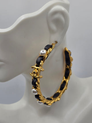 Chanel Gold-tone Faux Pearl Leather Interlocking CC Turnlock Hoop Earrings