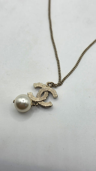 Chanel Faux Pearl Enamel CC Logo Pendant Necklace
