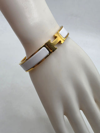 Hermes White Enamel Gold Plated Clic-H Narrow PM Bracelet