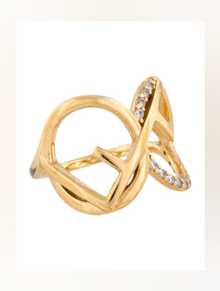 Fendi Gold-tone Crystal Embellished Logo Cocktail Ring M 7 sz
