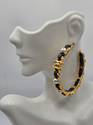 Chanel Gold-tone Faux Pearl Leather Interlocking CC Turnlock Hoop Earrings