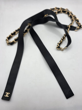 Chanel Black Leather Gold-tone Chain Entwined CC Logo Tie Belt L sz