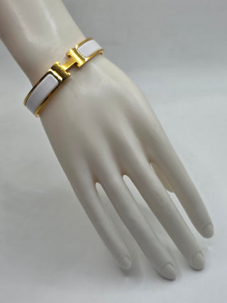 Hermes White Enamel Gold Plated Clic-H Narrow PM Bracelet