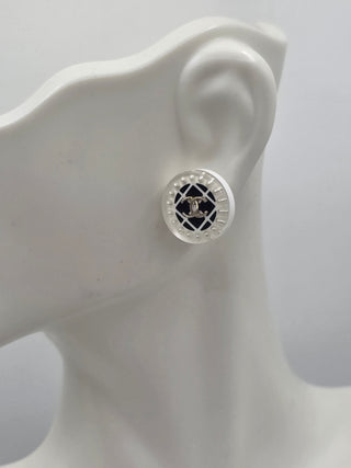 Chanel Silver-tone Resin Faux Pearl Interlocking CC Stud Earrings