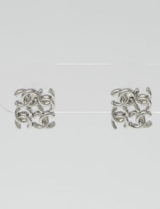 Chanel Silvertone Metal Interlocking CC Cluster Square Stud Earrings