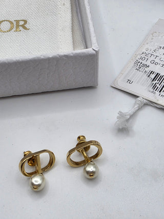 Christian Dior Gold-tone Faux Pearl Petit CD Stud Earrings