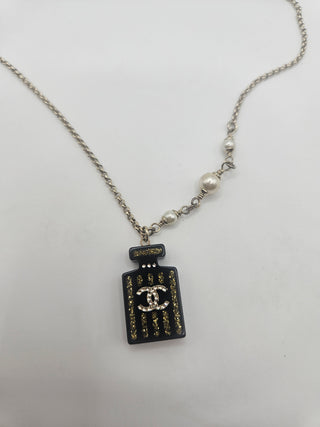 Chanel Gold-tone Faux Pearl Resin Interlocking CC Glitter Pendant Necklace