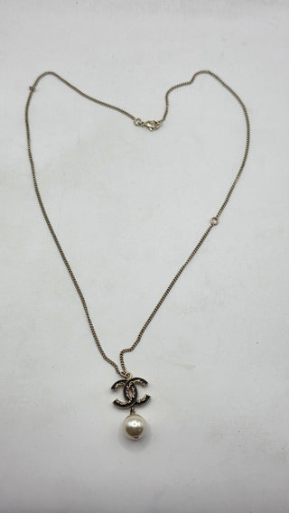 Chanel Faux Pearl Enamel CC Logo Pendant Necklace