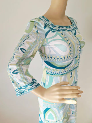 Emilio Pucci White green multicolor signature print long-sleeved summer dress 6 sz