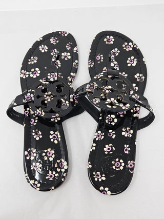 Tory Burch Black Floral Print patent leather Reva thong sandals 7 M
