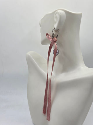 Chanel Silver-tone Faux Pearl Ribbon Bow CC Logo Drop Earrings