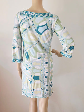 Emilio Pucci White green multicolor signature print long-sleeved summer dress 6 sz