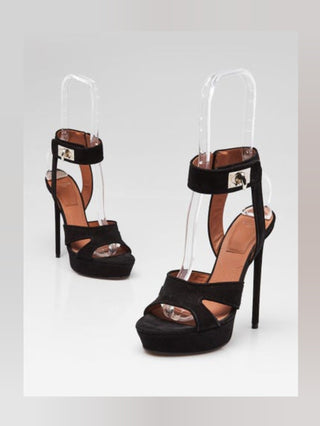 Givenchy Black Suede Platform Ankle Wrap Shark Lock Sandals 36.5 sz