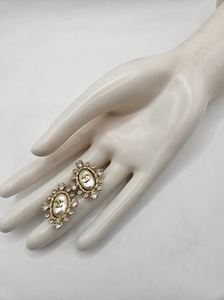 Chanel Golf-tone Pearl Strass Interlocking CC Stud Earrings