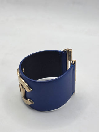 Chanel Blue Leather Interlocking CC Wide Wrap Bracelet M sz
