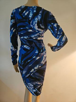 Emilio Pucci Blue Multicolor Signature Print long-sleeved dress 40 sz