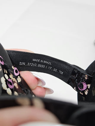 Tory Burch Black Floral Print patent leather Reva thong sandals 7 M