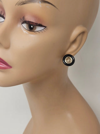 Chanel Gold-tone Black Enamel Interlocking CC Stud Earrings