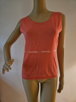 Cute Chanel Coral pink Logo Printed Sleeveless Top M sz