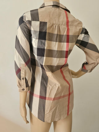 Burberry Brit Plaid Print Three-Quarter Sleeve Button-Up Top XS sz