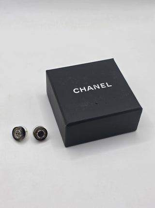 Chanel Black Gold-tone Strass Resin CC Stud Earrings