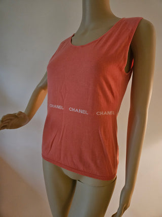 Cute Chanel Coral pink Logo Printed Sleeveless Top M sz