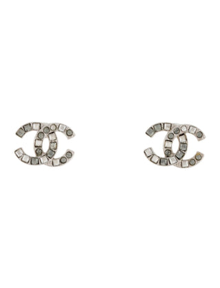 Chanel Silver-tone Strass Interlocking CC Stud Earrings