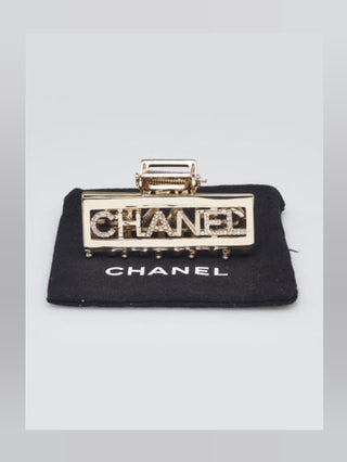 Chanel Goldtone Metal Crystal Logo Printed Hair Claw Clip