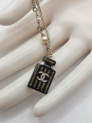 Chanel Gold-tone Faux Pearl Resin Interlocking CC Glitter Pendant Necklace