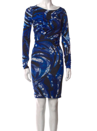 Emilio Pucci Blue Multicolor Signature Print long-sleeved dress 40 sz