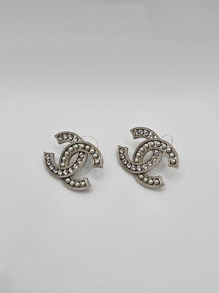 Chanel Silver-tone Crystal Faux Pearl Interlocking CC Stud Earrings