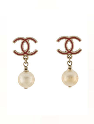 Chanel Gold-tone Faux Pearl Enamel CC Drop Earrings