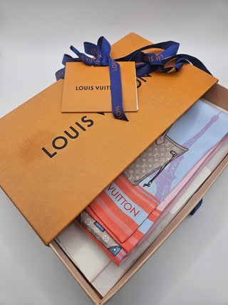 Louis Vuitton pink blue multicolor Skyline Story Silk Bandeau