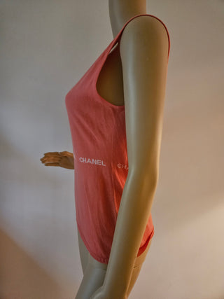 Cute Chanel Coral pink Logo Printed Sleeveless Top M sz