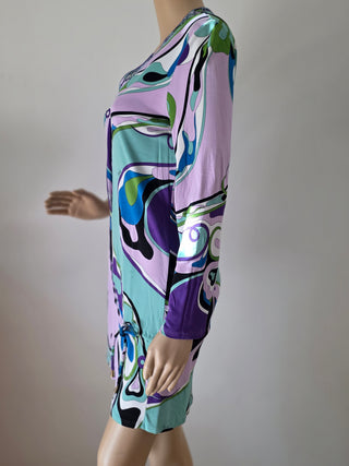 Emilio Pucci Purple Multicolor Signature Print long-sleeved dress 10 sz