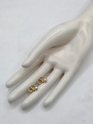 Christian Dior Gold-tone Faux Pearl Petit CD Stud Earrings