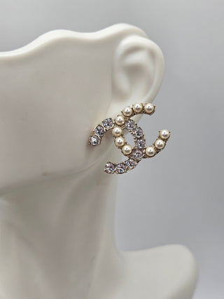 Chanel Gold-tone Faux Pearl Strass Interlocking CC Stud Earrings