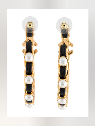 Chanel Gold-tone Faux Pearl Leather Interlocking CC Turnlock Hoop Earrings