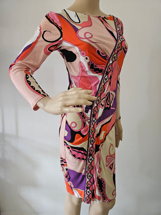 Emilio Pucci Pink multicolor signature print long-sleeved dress 8 US sz