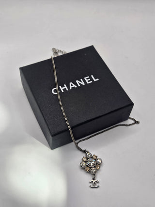 Chanel Silver-tone Strass CC Logo Dangle Pendant Necklace