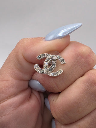 Chanel Silver-tone Strass Interlocking CC Stud Earrings