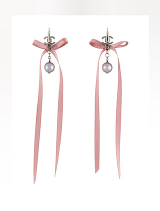 Chanel Silver-tone Faux Pearl Ribbon Bow CC Logo Drop Earrings