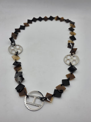 Hermès Black Silver-tone H Logo Horn Lena Station Necklace