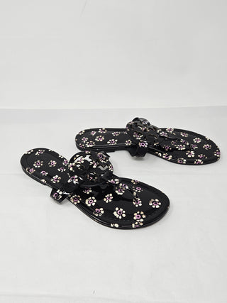 Tory Burch Black Floral Print patent leather Reva thong sandals 7 M