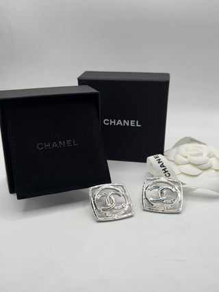 Chanel Silver-tone Interlocking CC Square Stud Earrings