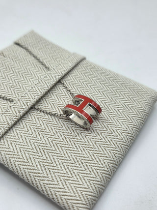 Hermes Red Enamel and Palladium Plated Pop H Pendant Necklace