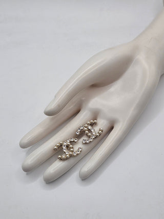 Chanel Gold-tone Faux Pearl Strass Interlocking CC Stud Earrings