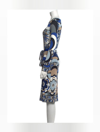 Emilio Pucci Blue Multicolor Printed Knee-Length Dress 6 sz