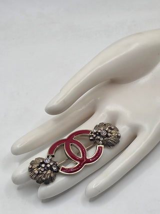 Chanel Silver-tone Strass Enamel Interlocking CC Brooch