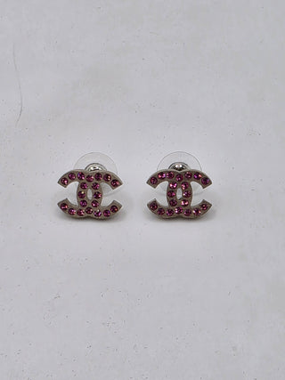 Chanel Silver-tone Pink Strass Interlocking CC Stud Earrings